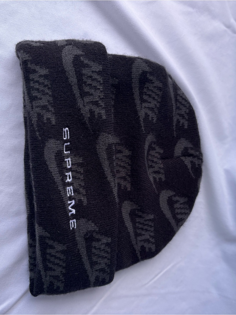 Supreme Black and Gray Nike Swoosh Beanie